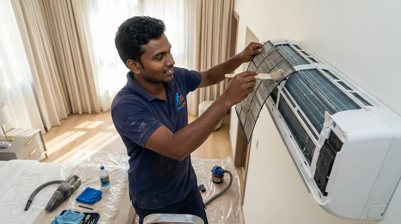AC maintenance technician servicing a split unit